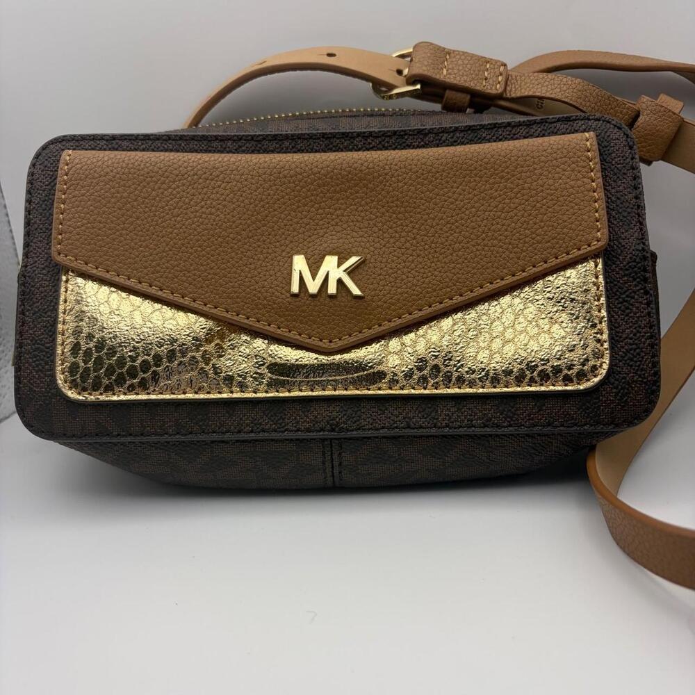 Michael Kors MK Signature Belt Bag L/XL Brown Gold Metallic Waist Fanny Pack